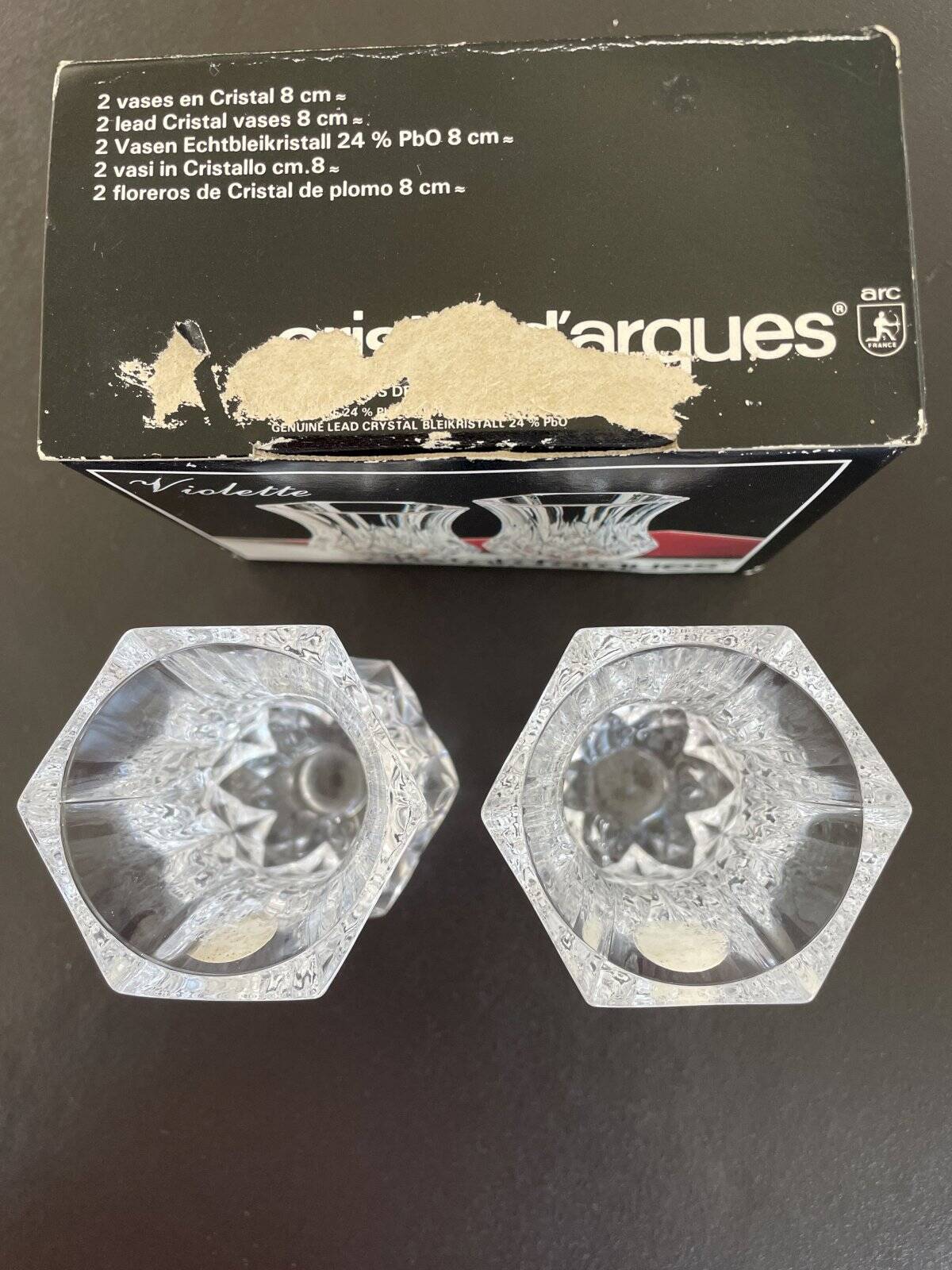 2 Violette Cristal d’Arques vases Height 8 cm and their original box