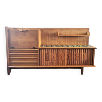 Enfilade haute Guillerme et Chambron, meuble buffet bar, secrétaire vintage