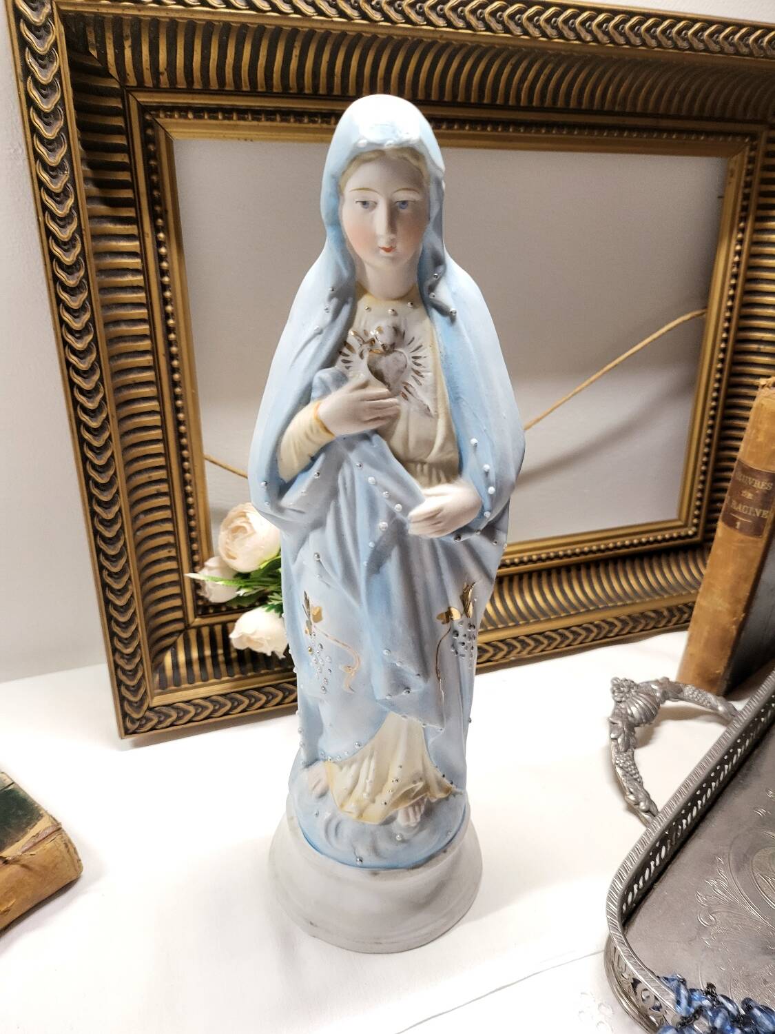 Antique Religious Biscuit Statuette Virgin Mary Sacred Heart