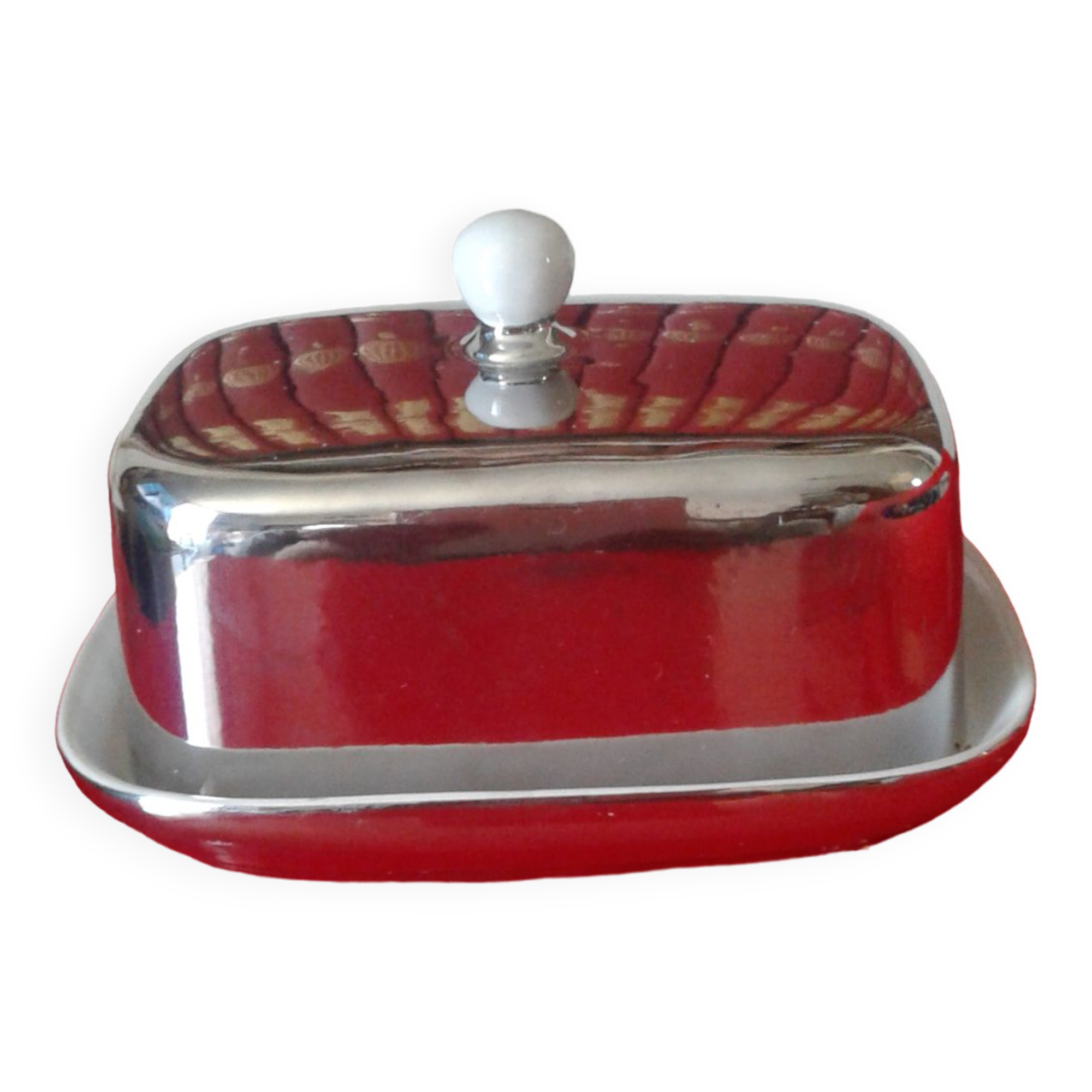 White and silver ceramic butter dish