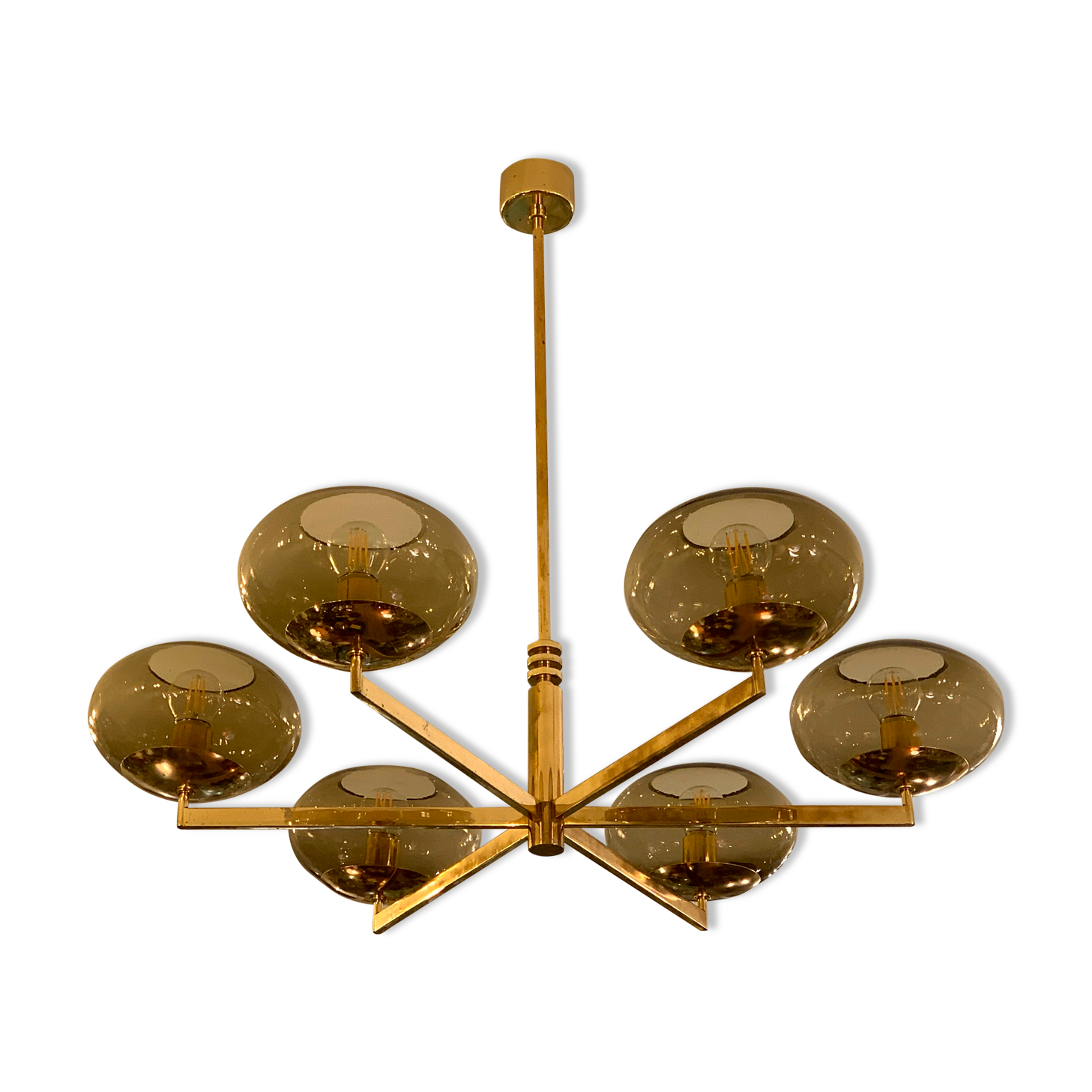 Italian Sciolari chandelier in brass, 6 burners with smoked glass, 1970