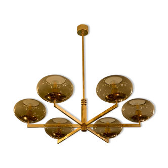 Italian Sciolari chandelier in brass, 6 burners with smoked glass, 1970