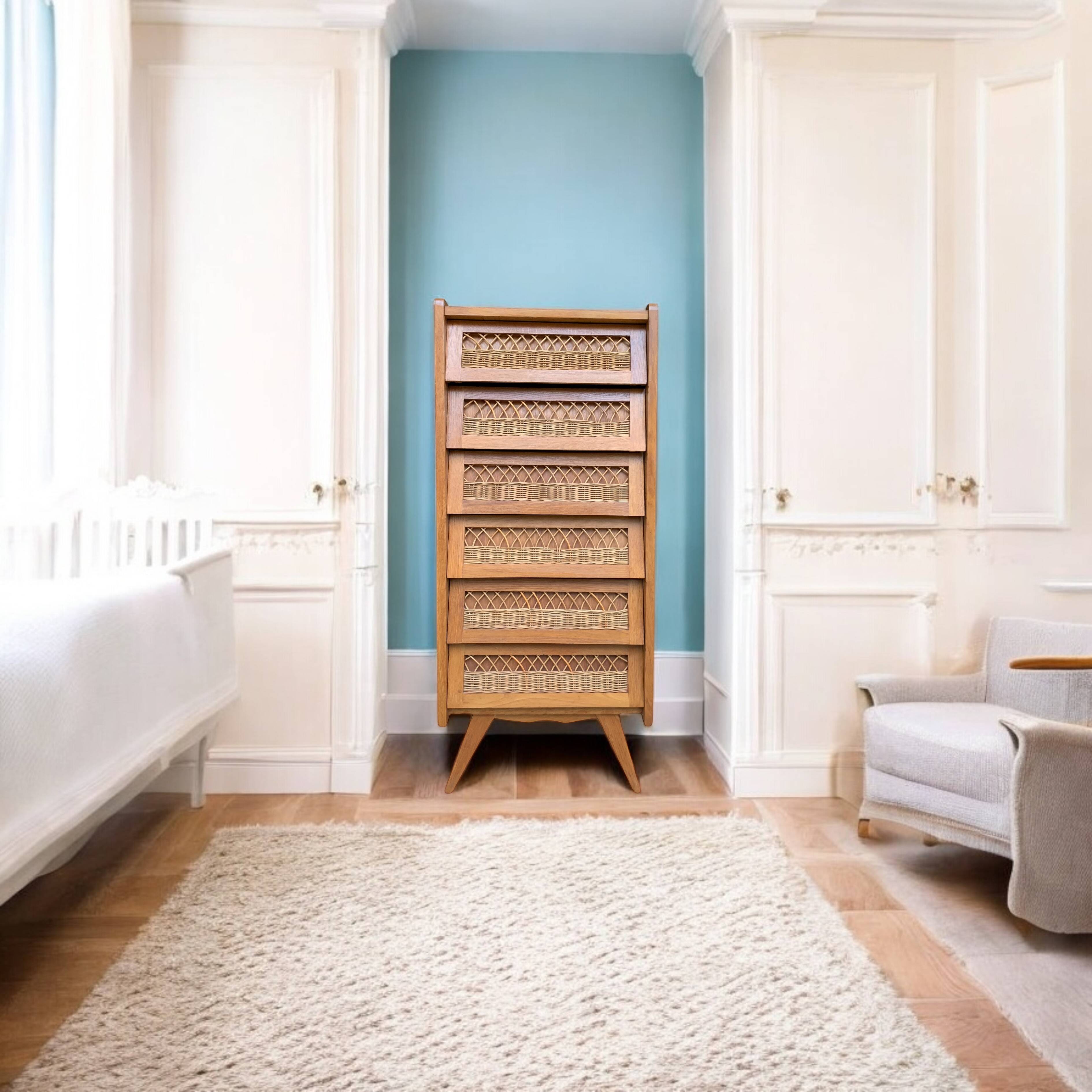 Vintage rattan chiffonier with compass feet 1950