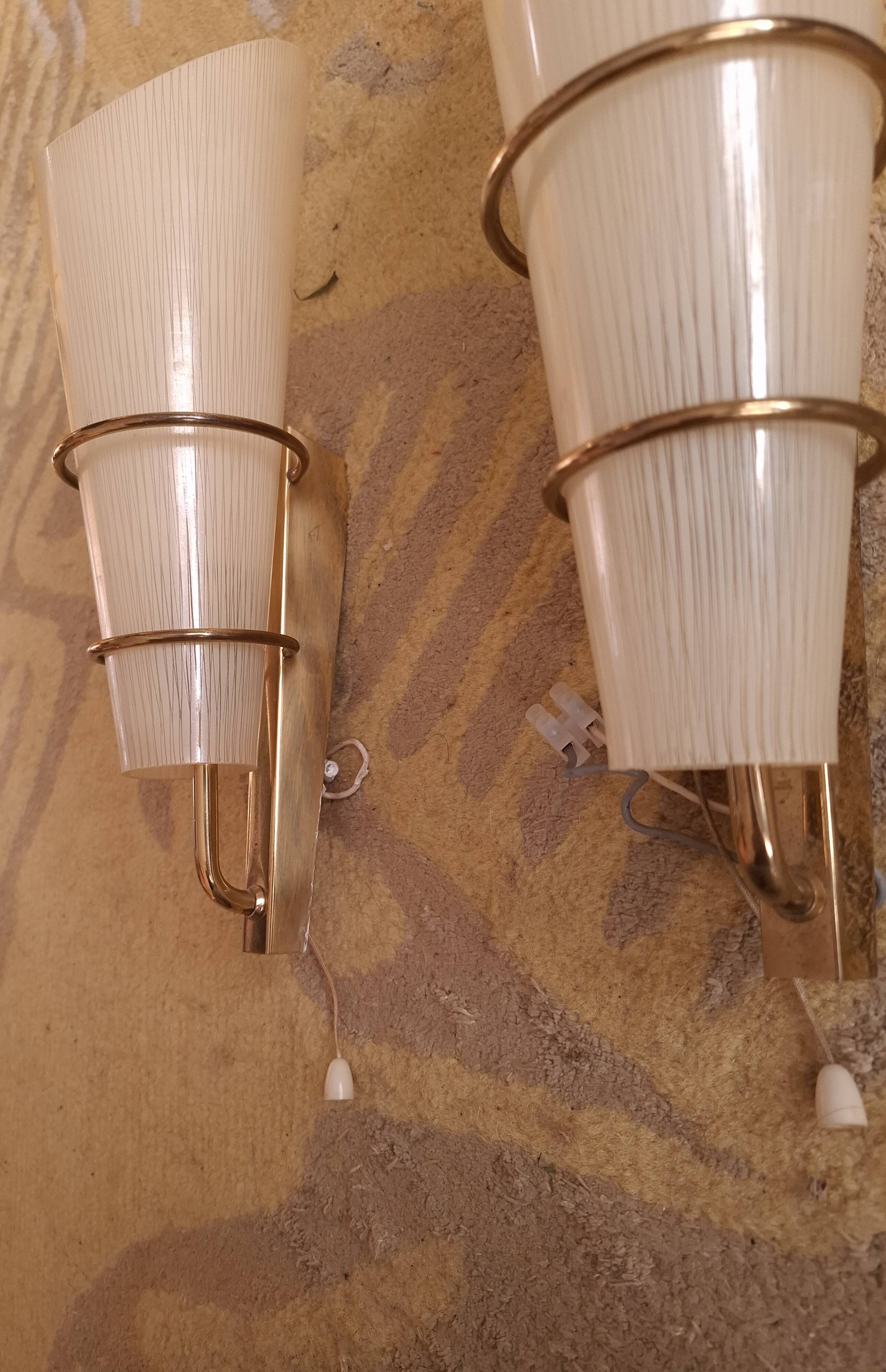2 60's design wall lights in italian brass and glass
