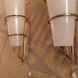 2 60's design wall lights in italian brass and glass
