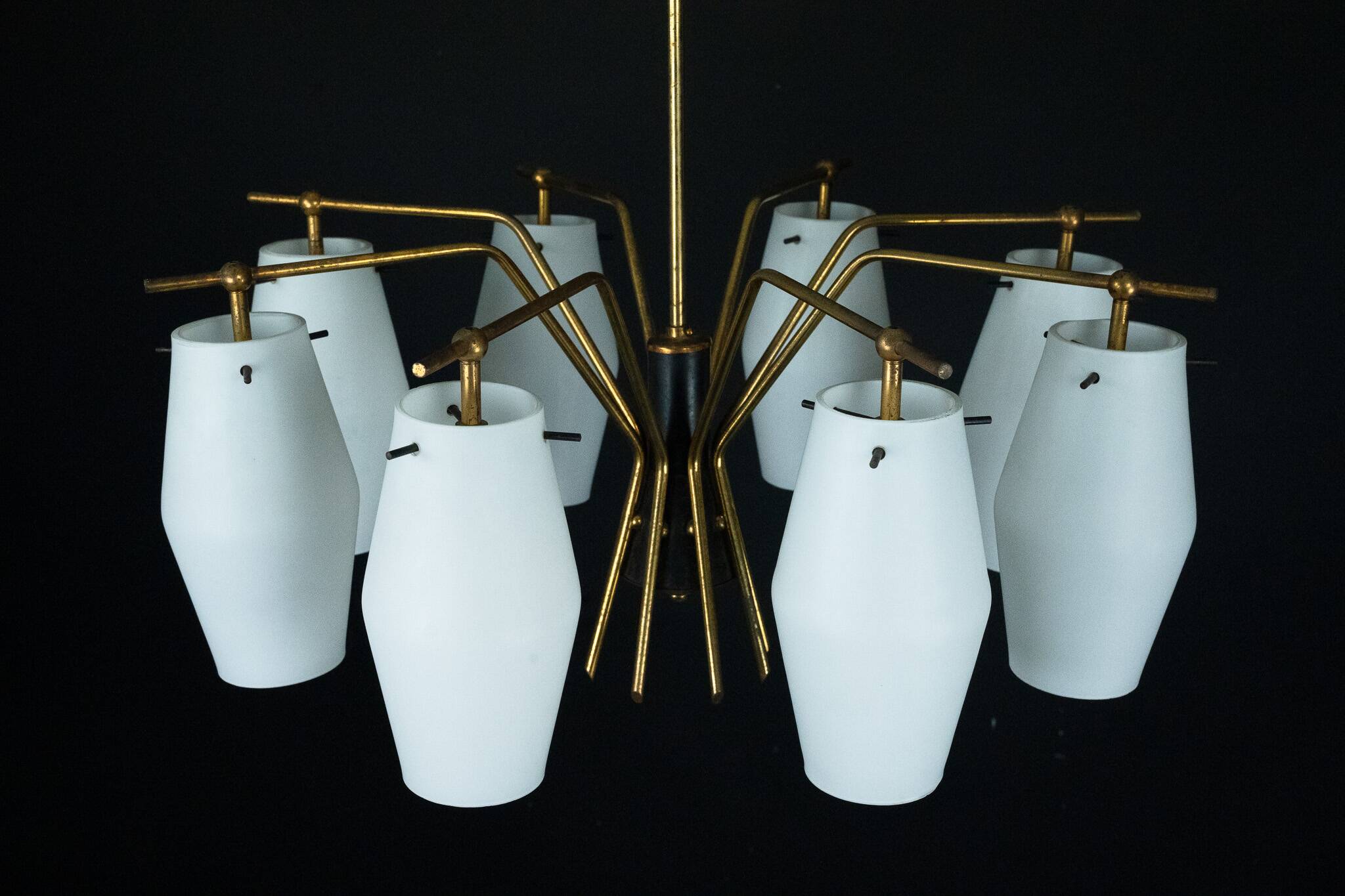 Mid-century chandelier with eight opaline glass shades