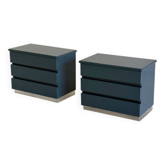 Set of two blue lacquered Italian bedside tables with chrome detail