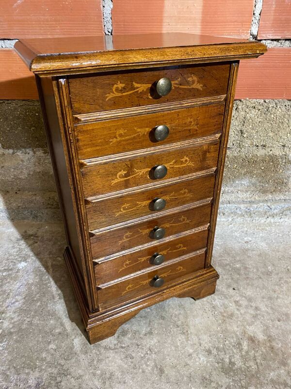 Semainier Ancien Meuble Bois 7 Tiroirs Marqueterie Poignées Métal Vint