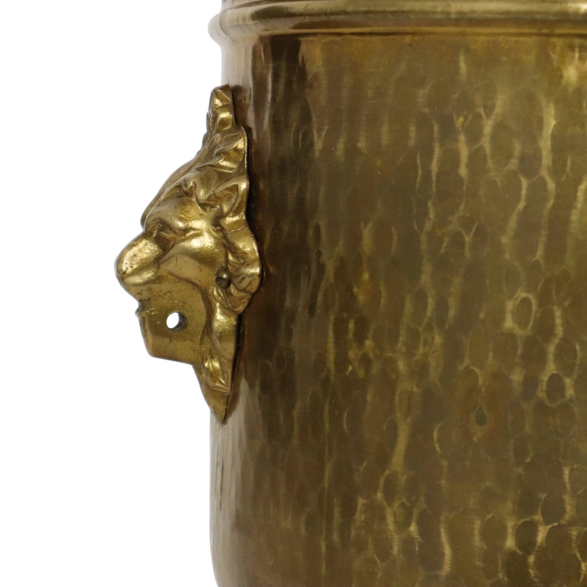 Large Hammered Brass Jardinière/Planter with Lion Heads