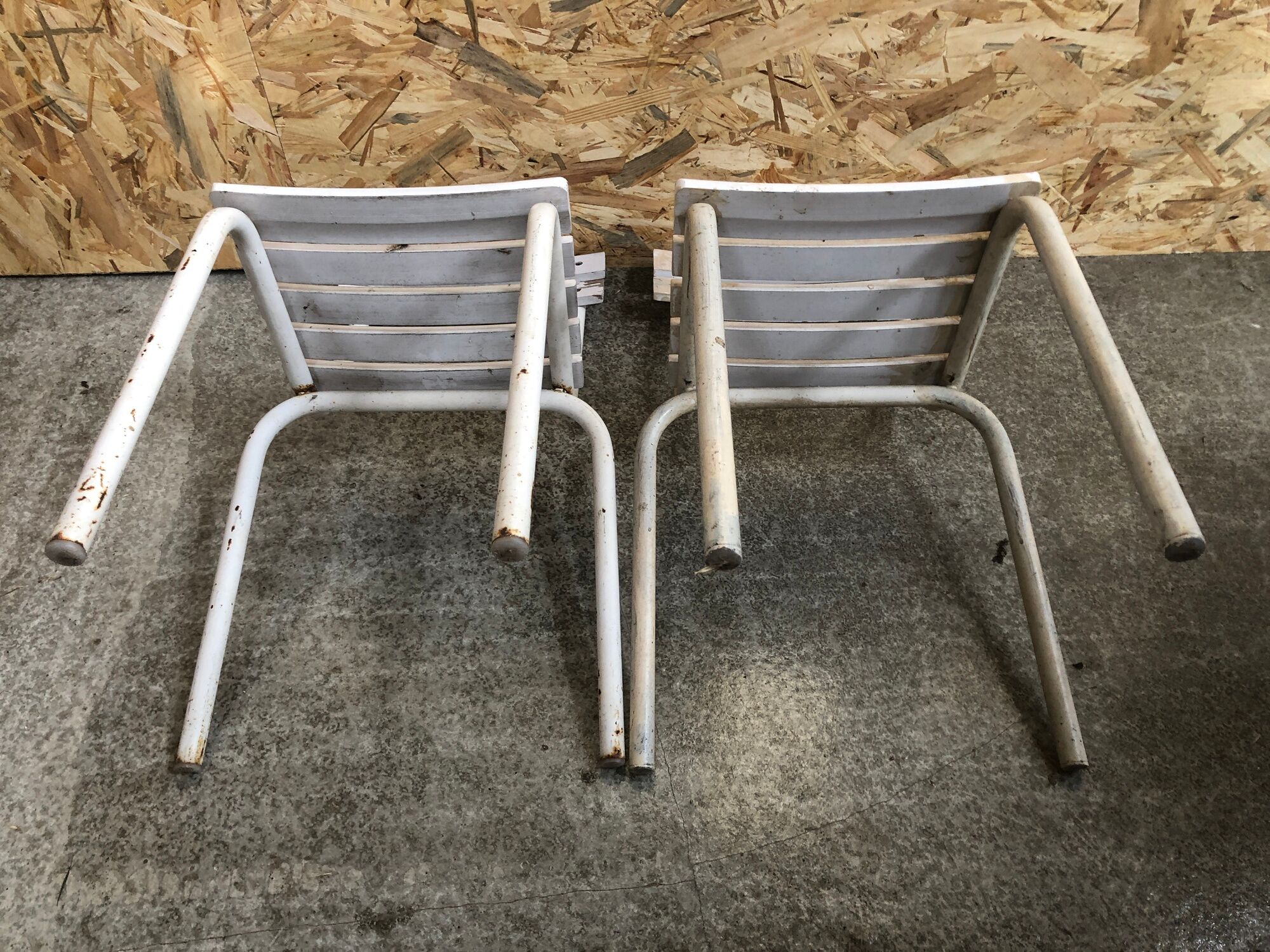 Pair Old Garden Chair Metal Structure + Vintage White Wood Slats