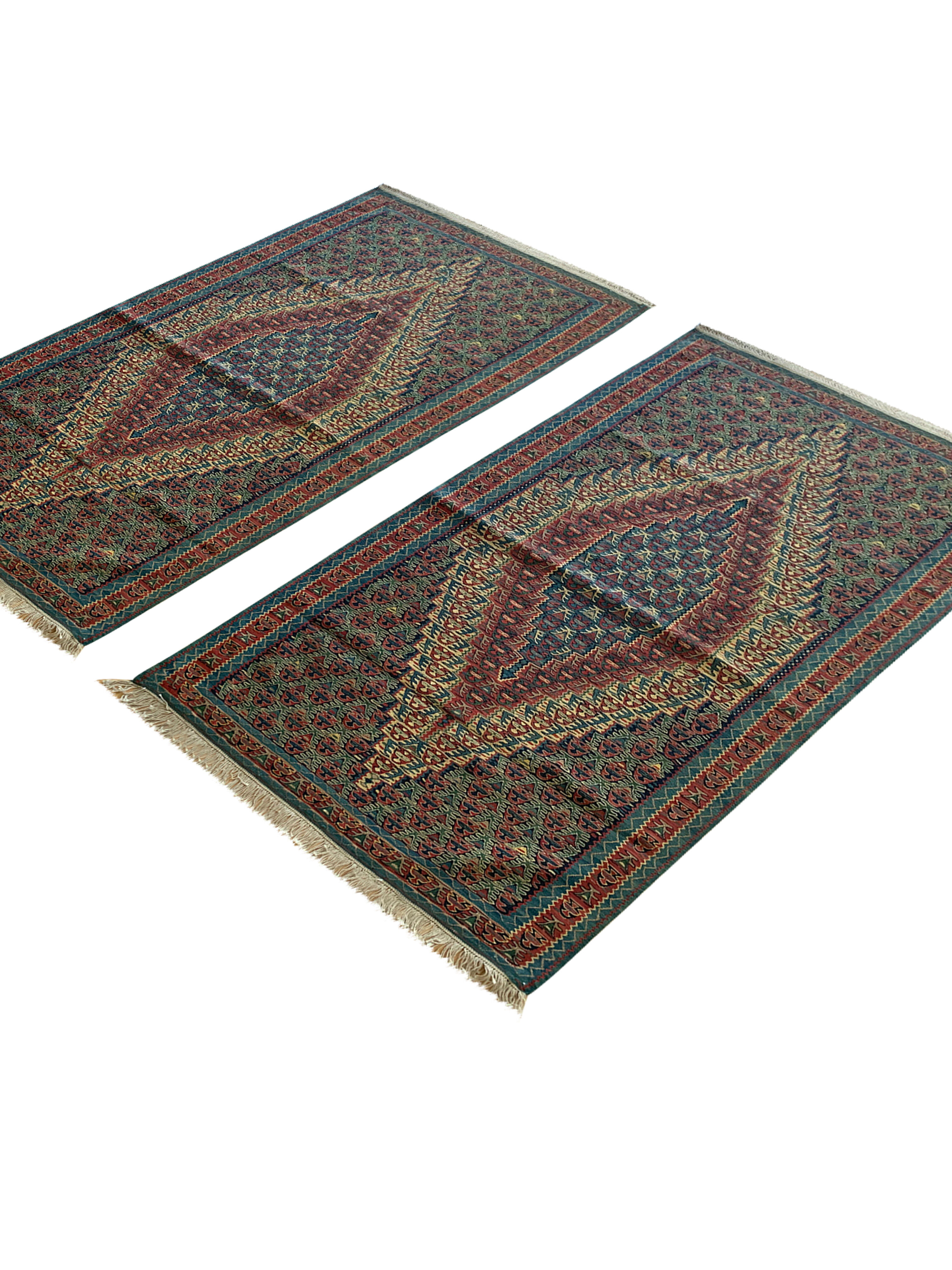 Pair of blue & green silk and wool kilims handmade persian rugs