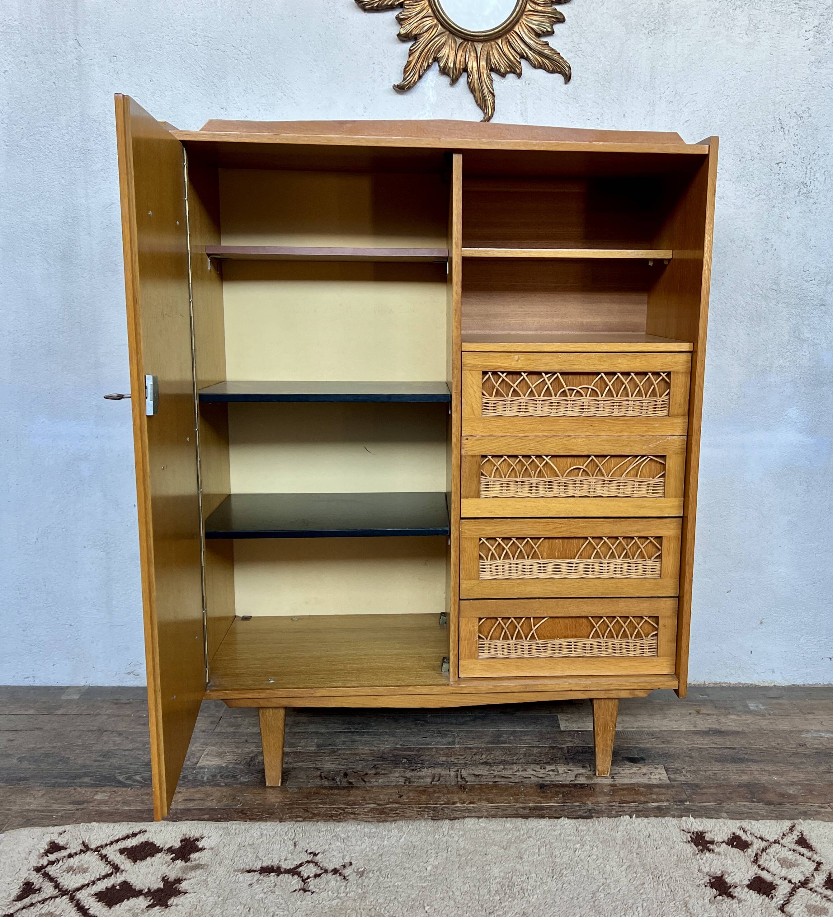 🌿 Vintage wood & cane wardrobe – Scandinavian style ✨