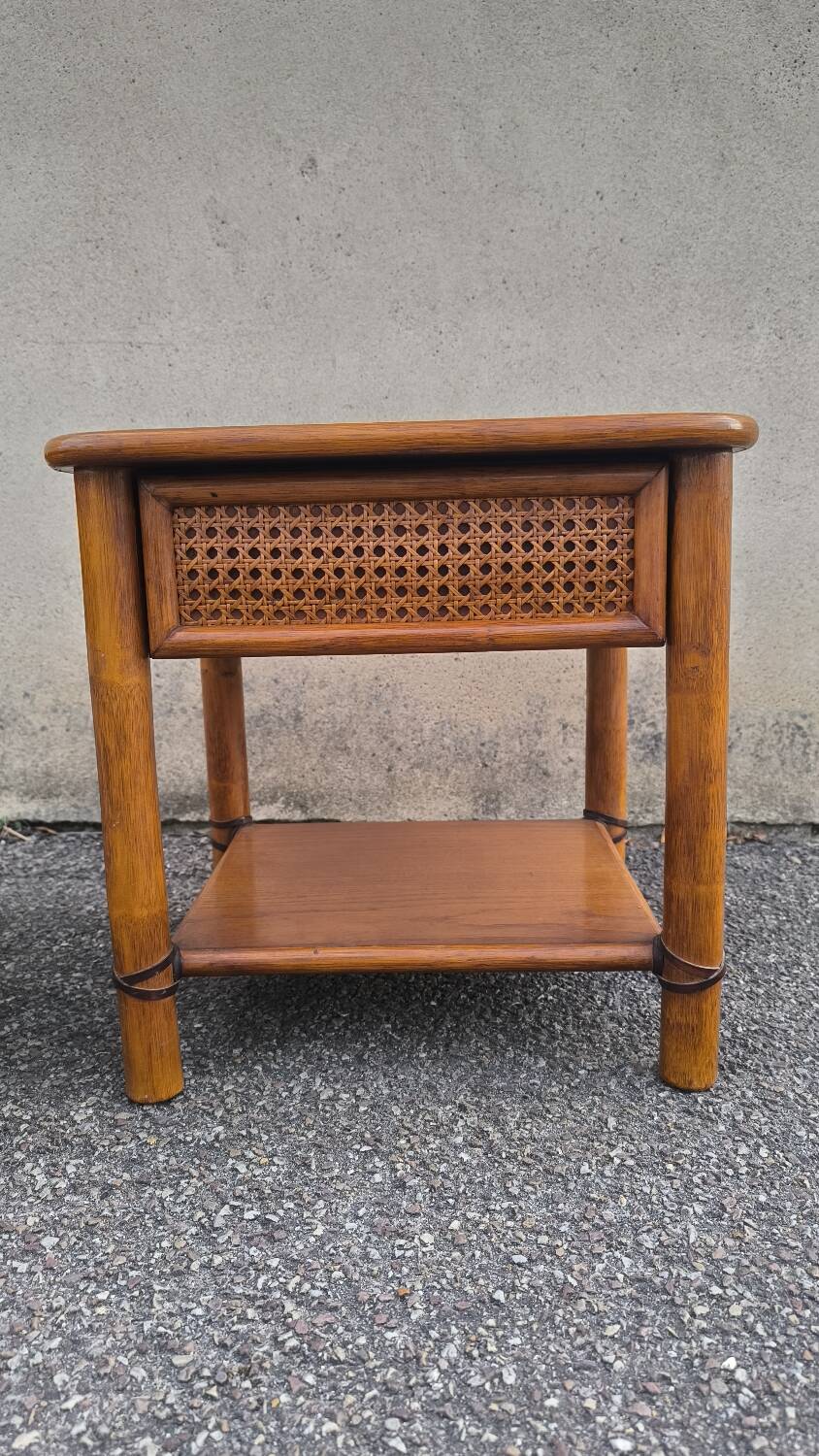 Pair of rattan and wood bedside tables from the 80s