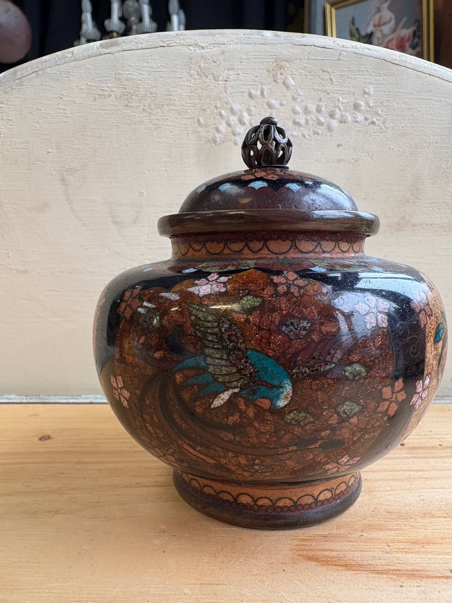Chinese cloisonné ginger jar – floral and bird decoration – 1950-70