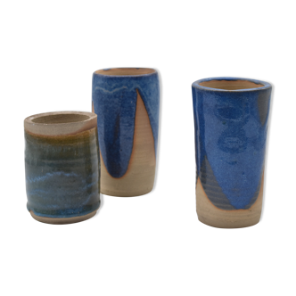 Lot of 3 vases blue enamel sandstone