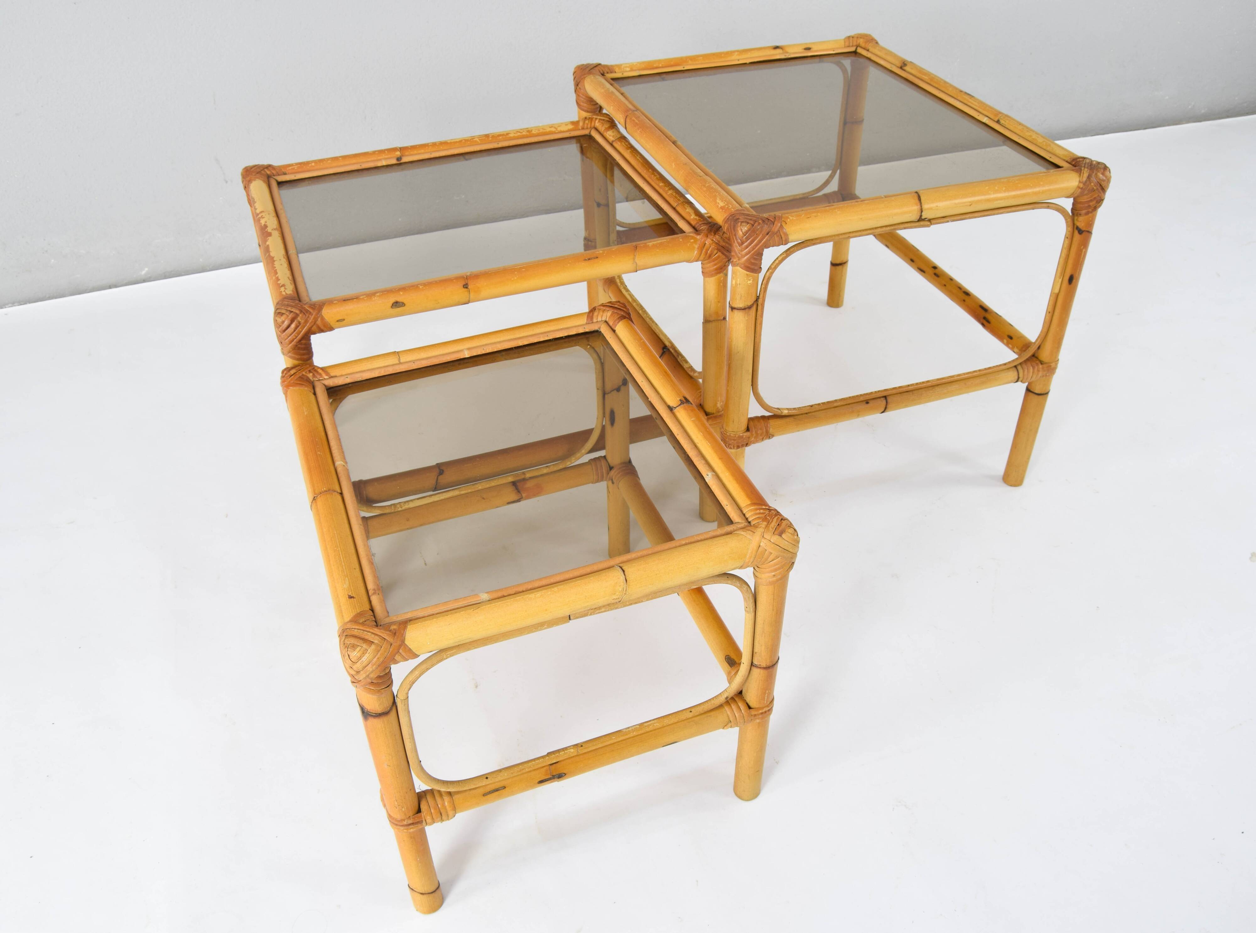 Set of three bamboo and smoked glass nesting tables Spain 70s