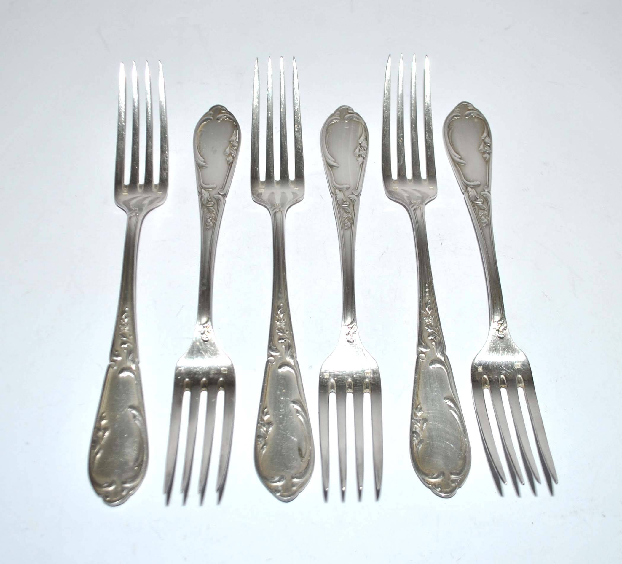 Set of 6 vintage MARLY rocaille table forks in silver metal 21.5cm