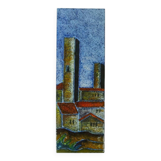 Mid century enamel picture san gimignano italy vintage deco 1950s