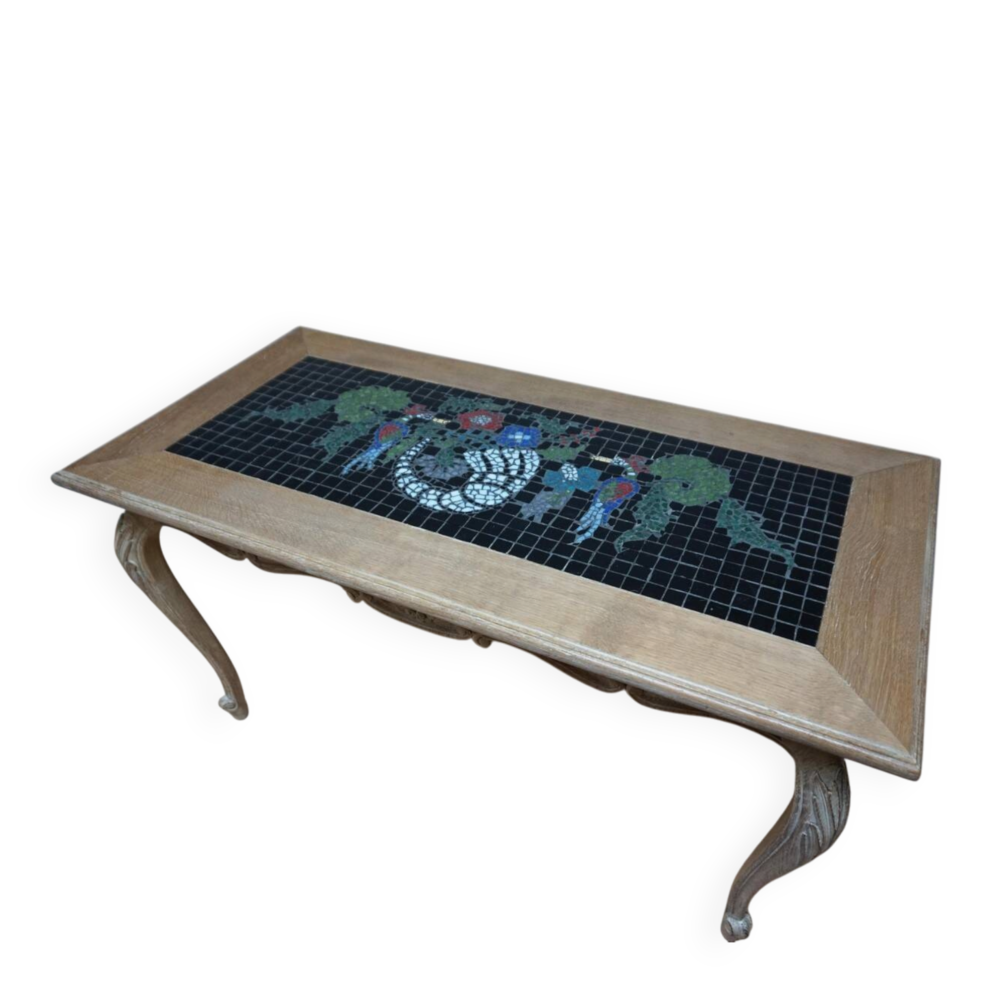 Vintage Oak &  Mosaic Coffee Table with Brids, Louis XV style 1970s