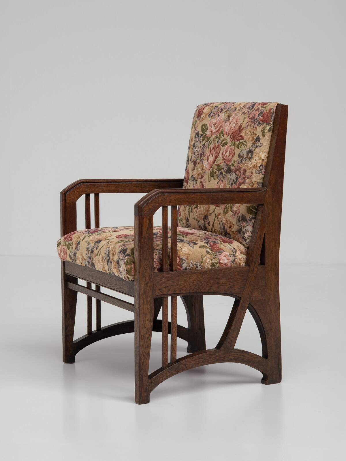 Antique Art Nouveau Armchair in Oak and Floral Upholstery, Belgium ca 1900s