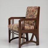 Antique Art Nouveau Armchair in Oak and Floral Upholstery, Belgium ca 1900s