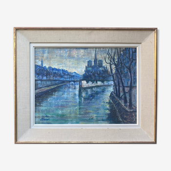 Vue parisienne Pont de la Tournelle 1960 signé