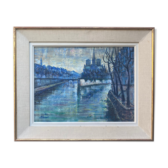 Vue parisienne Pont de la Tournelle 1960 signé