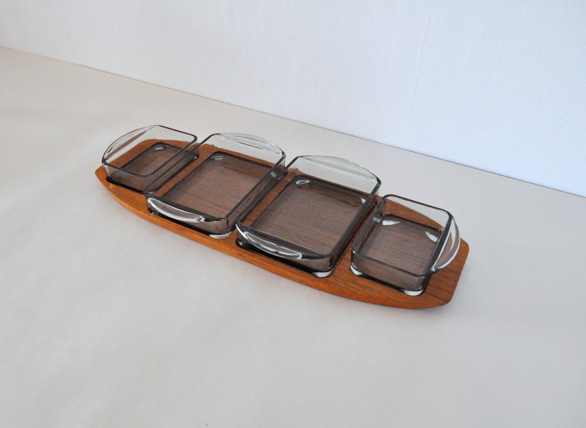 Danish Modern Teak Serving Tray with Glass Bowls, Denmark, 1960s