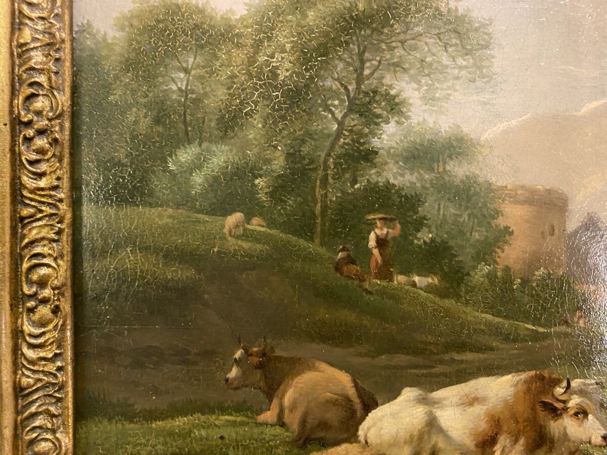 Paire d’huiles sur panneau scènes champêtres Balthazar Paul Ommeganck