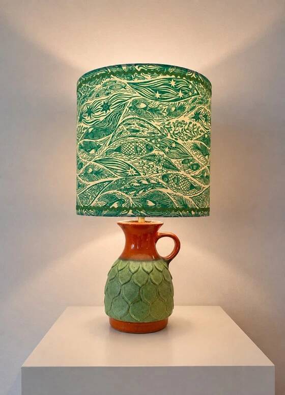 Wireless Jasba table lamp - West German pottery with fish decor | 41 cm