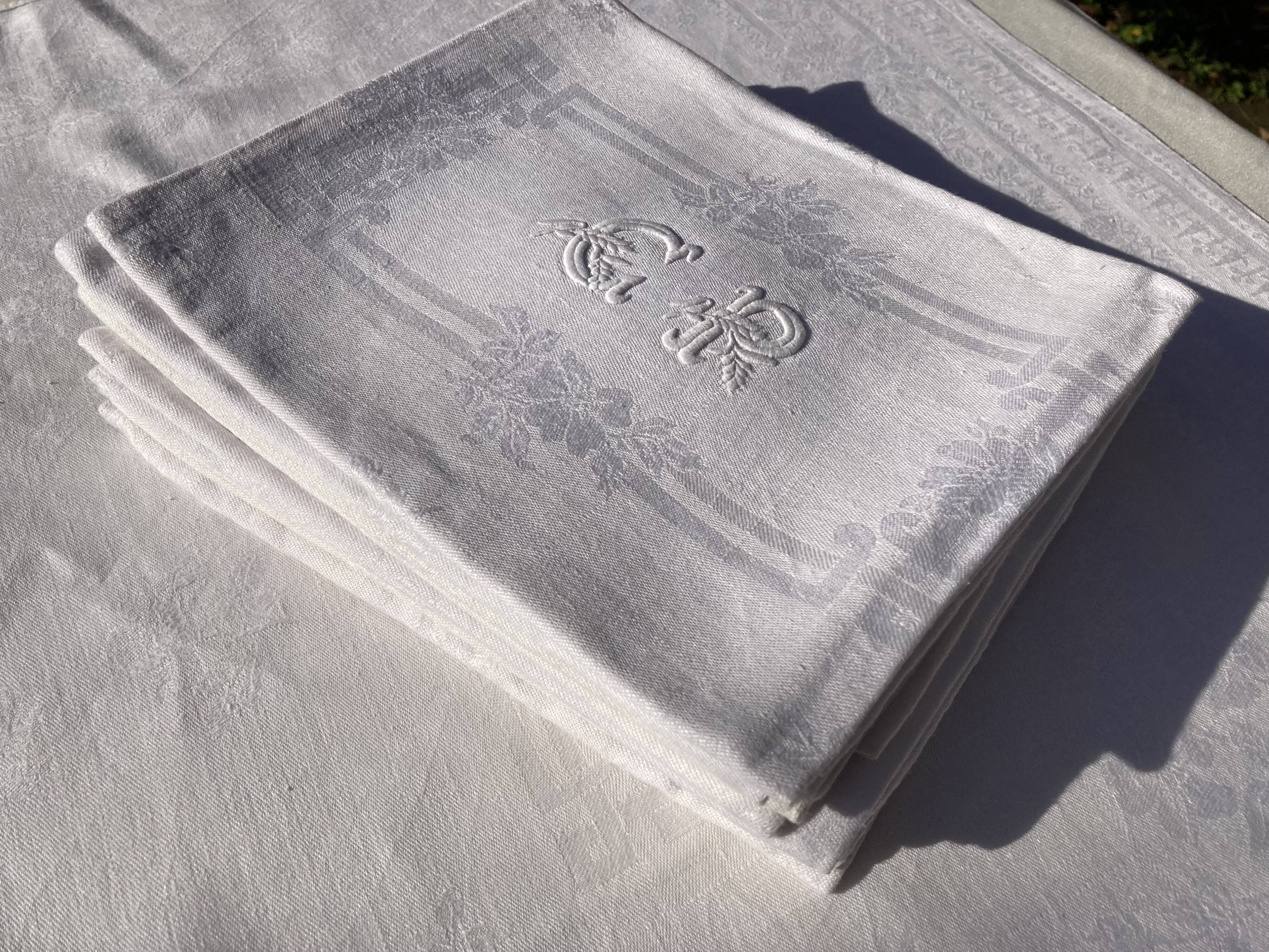 10 old damask and monogrammed napkins