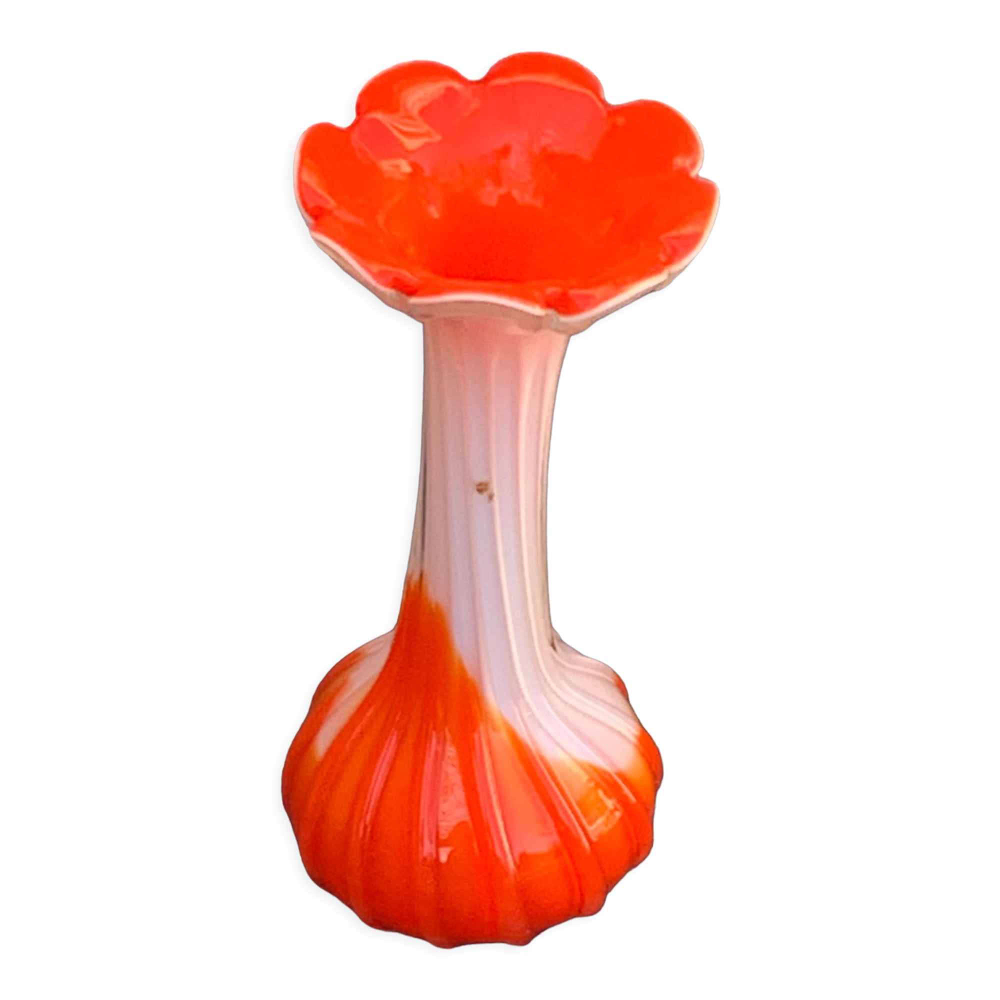 Orange and white opaline vase in the shape of a vintage flower corolla
