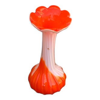 Orange and white opaline vase in the shape of a vintage flower corolla