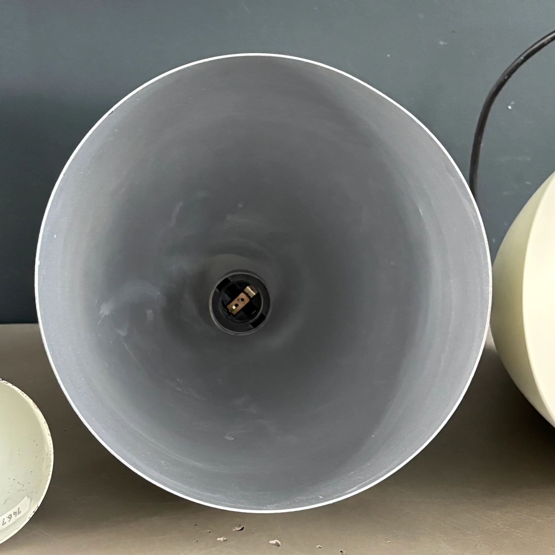 Pair of lacquered metal pendant lights with rose.