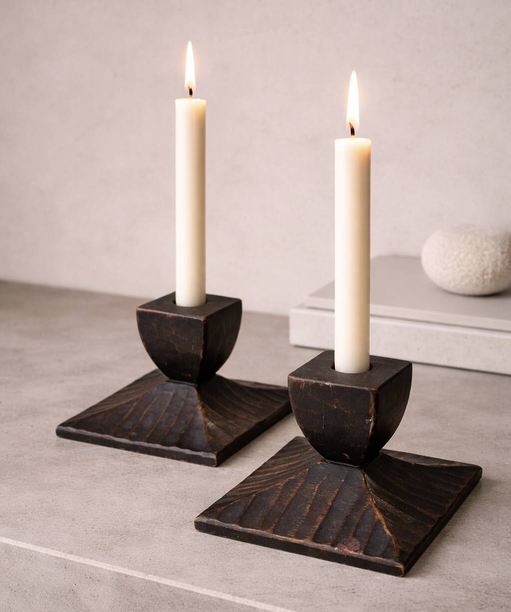 Pair of Swedish carved wooden candlesticks – Steneby H.F. – design bru