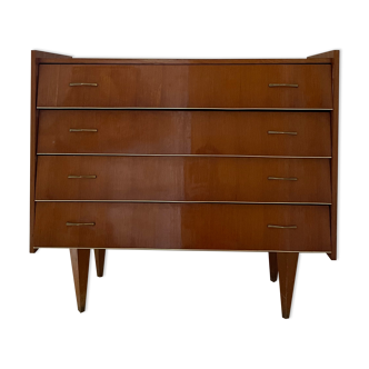 Vintage varnished wood chest of drawers and golden handles