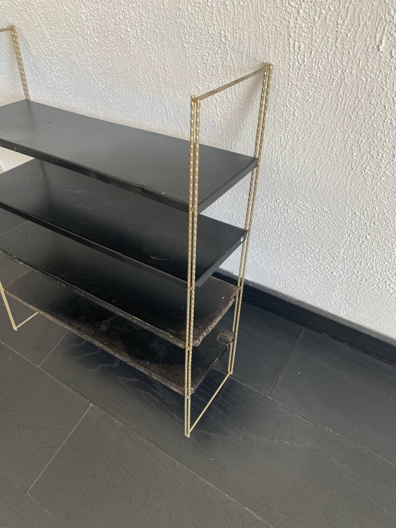Vintage 1960 String wall shelf black and gold - 60 x 48 cm