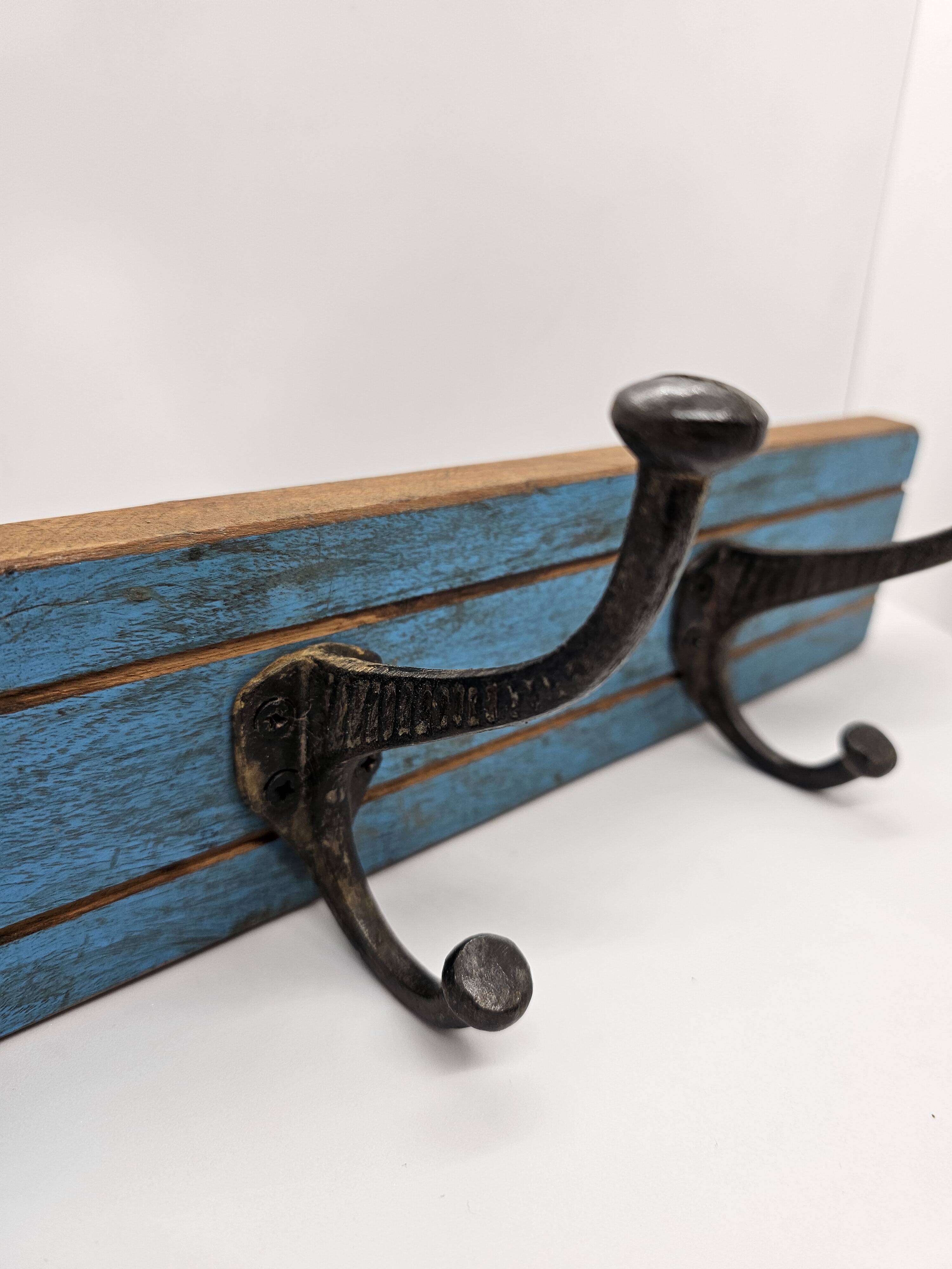 Solid teak coat hook with 2 double cast iron hooks