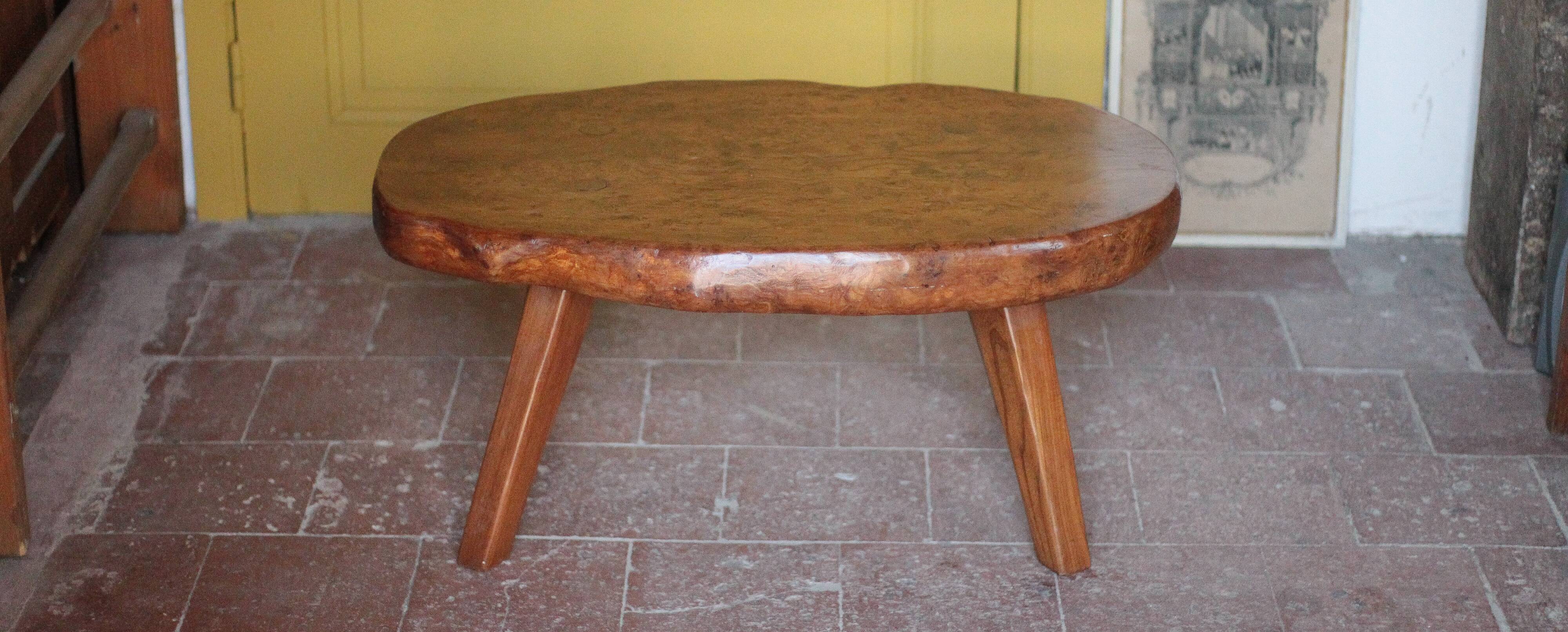 Brutalist coffee table made of elm burl, interior decor, living room table.