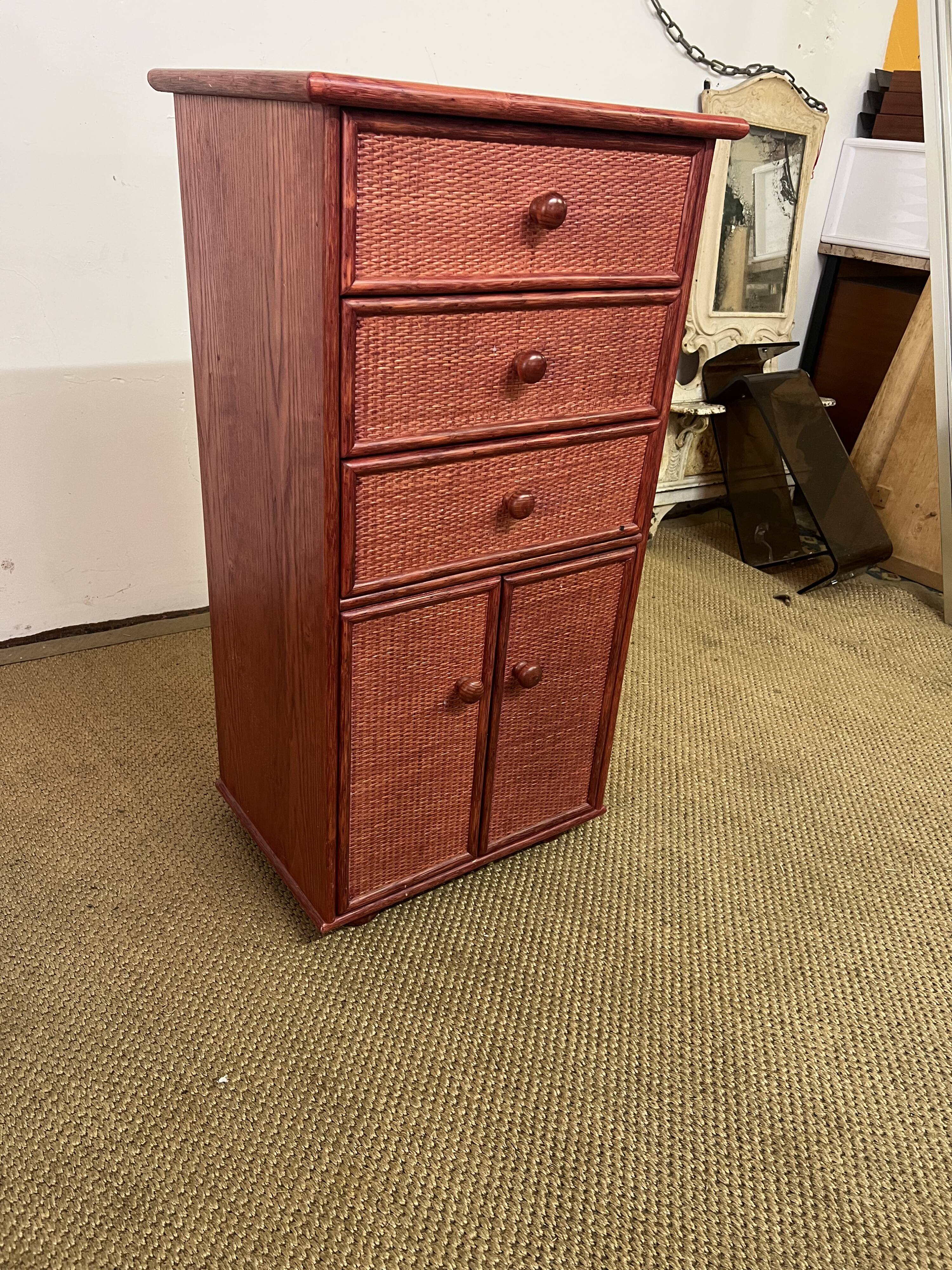 Small Chiffonier / Vintage red lacquered rattan storage unit