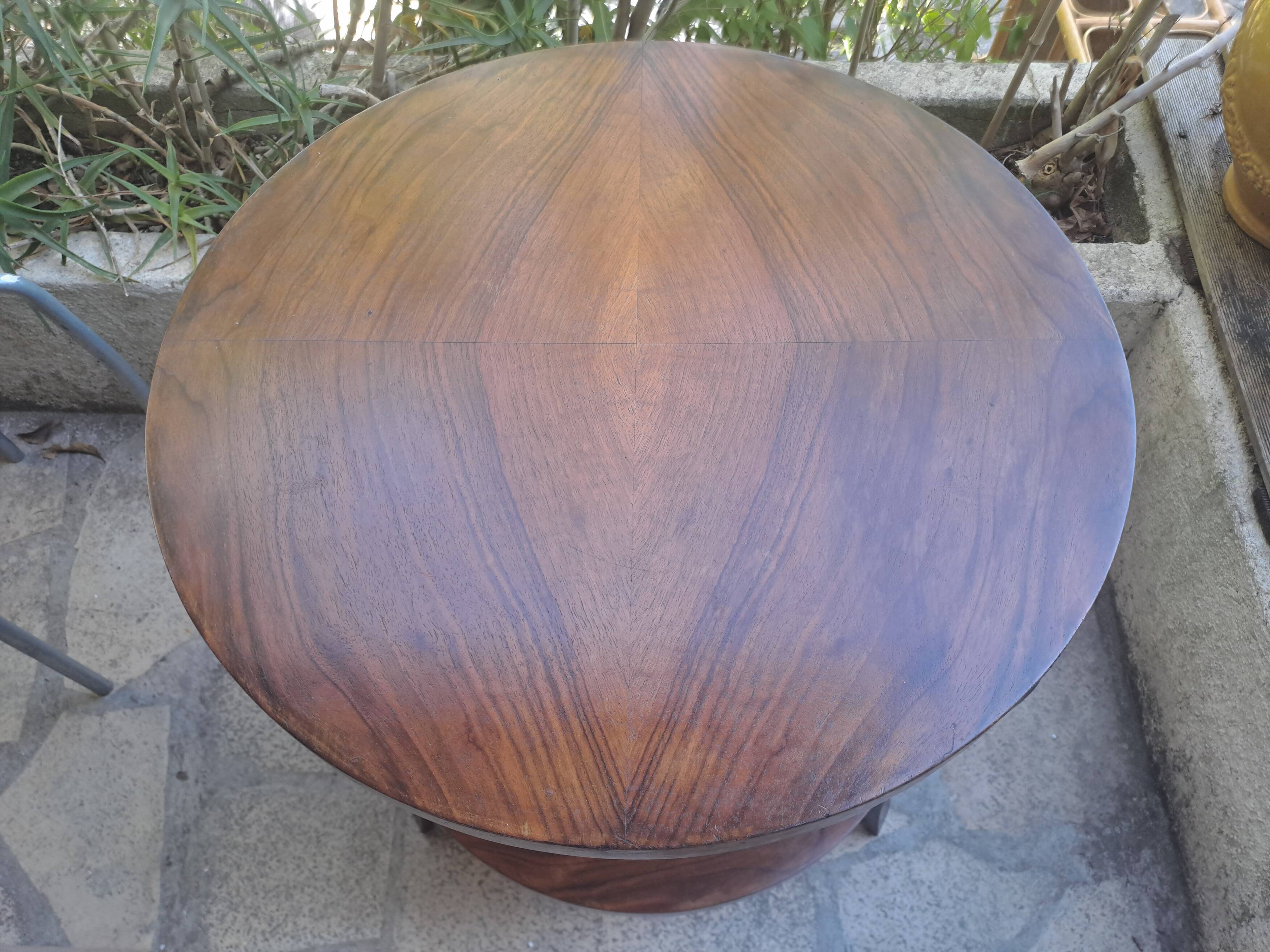 Table basse ronde en bois massif 1970 à double plateau