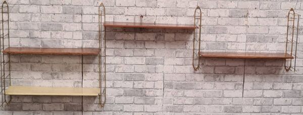 etagere 1960 acier faux bois et chrome or 4 montants  184 cmx66x59x16 trace