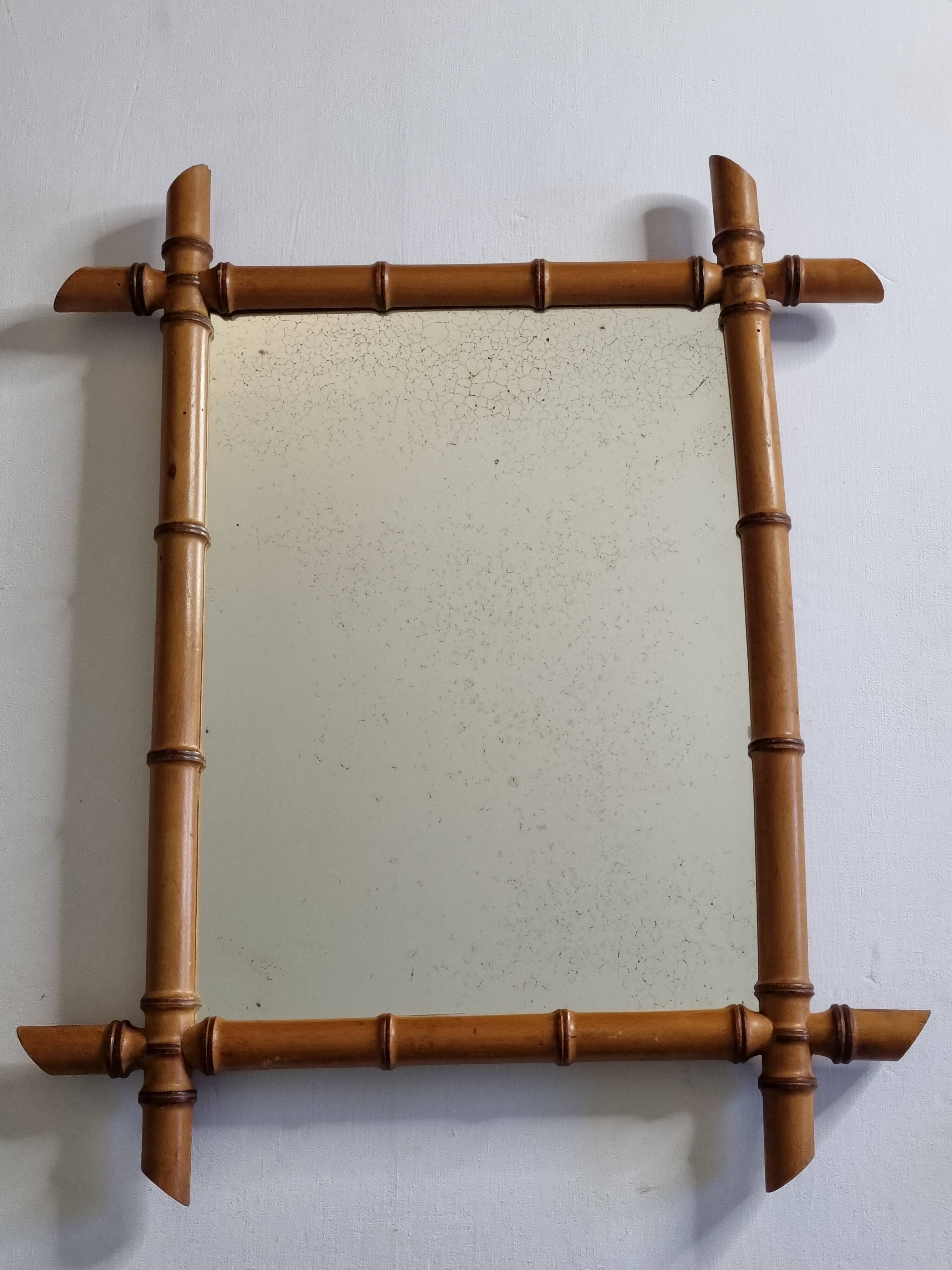 Antique mirror in turned bamboo-style wood, late 19th century, 69 x 53 cm