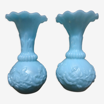 Duo of small blue opaline vases