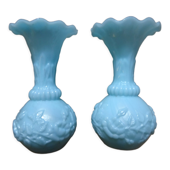 Duo of small blue opaline vases