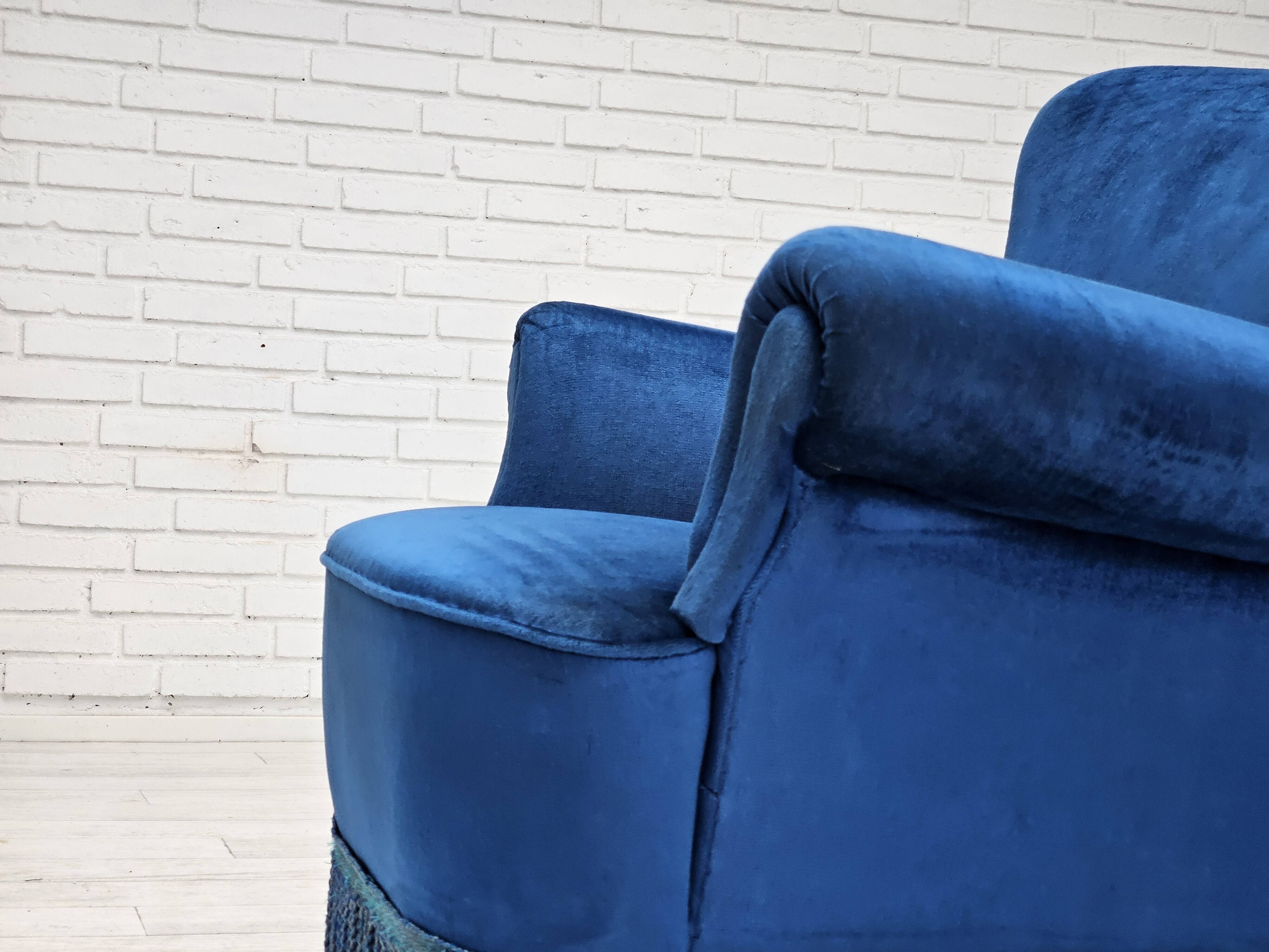 1960s, Danish lounge chair, blue furniture velour, beech wood legs.