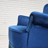 1960s, Danish lounge chair, blue furniture velour, beech wood legs.