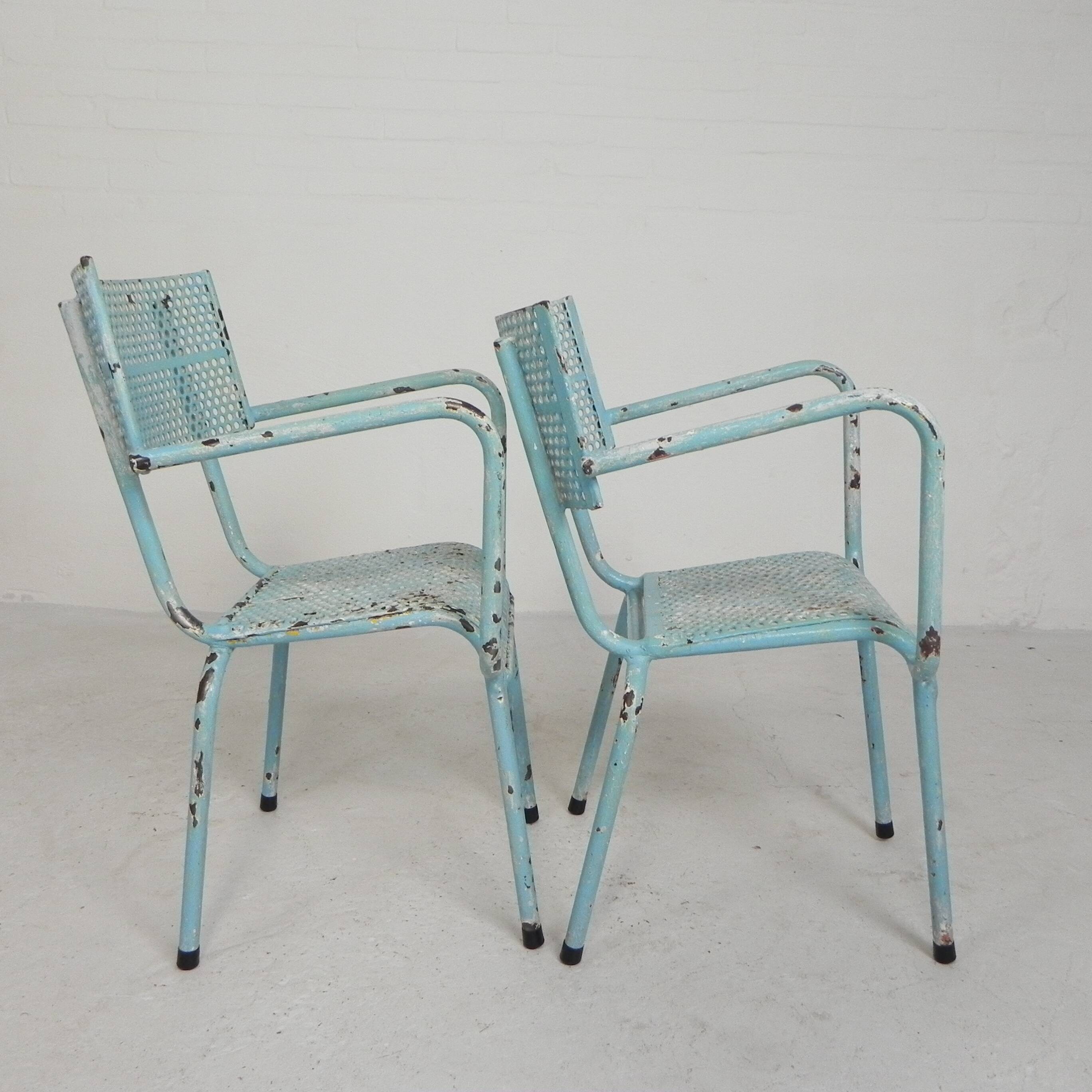 Lot de 2 chaises de jardin industrielles en acier avec accoudoirs, années 1950
