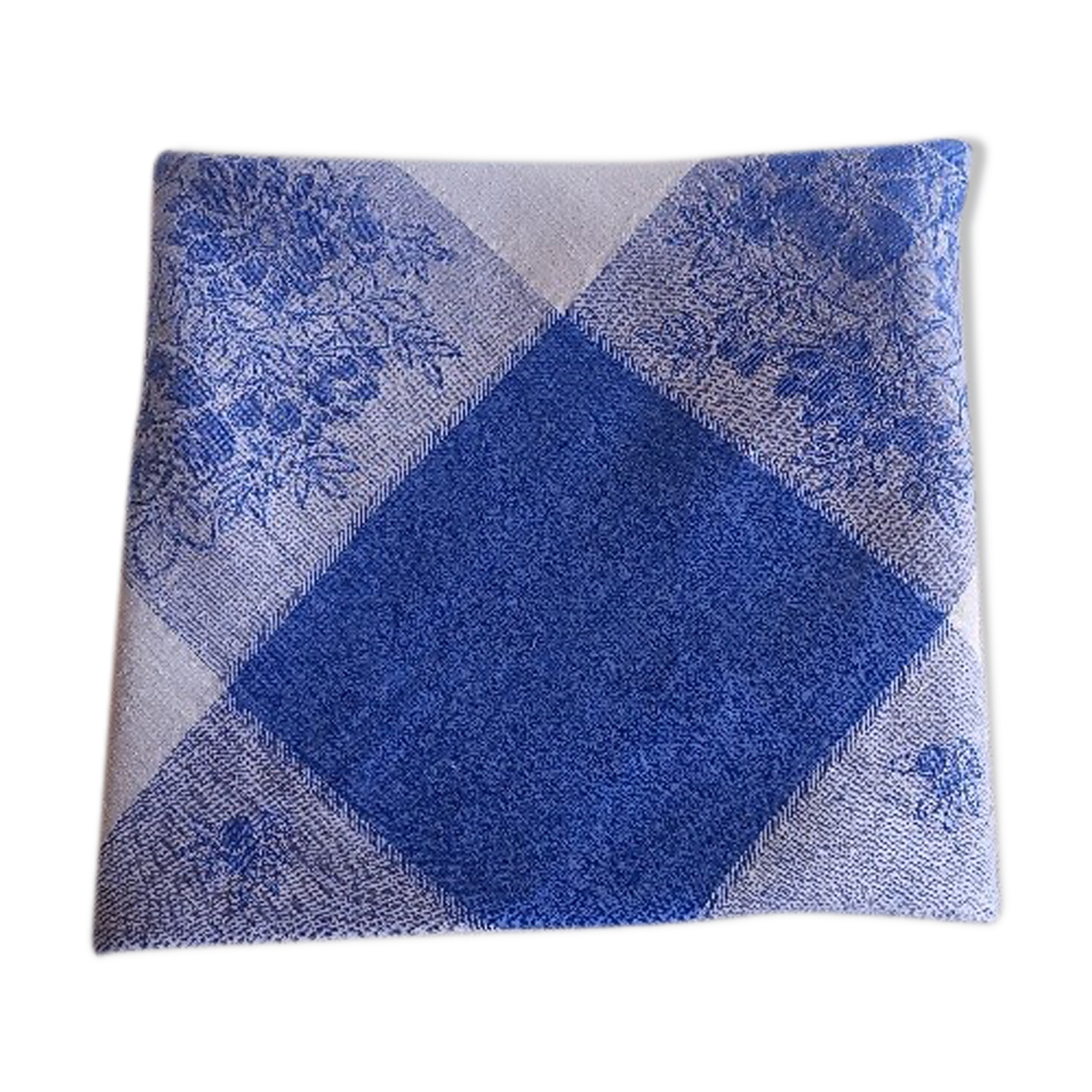 Nappe damassée en lin blanc-bleu