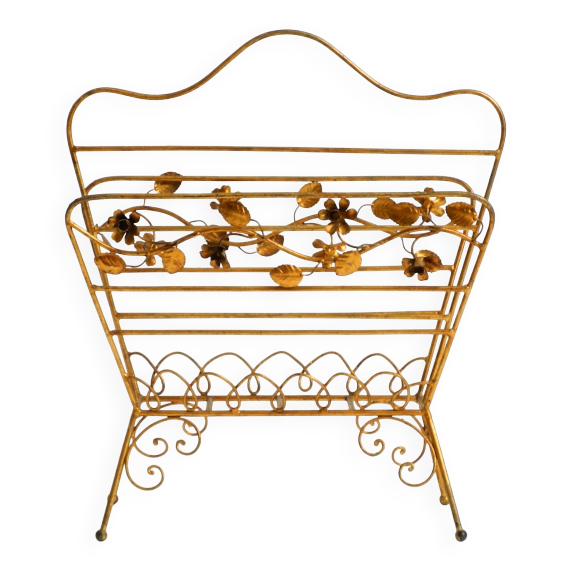Extraordinary mid-century newspaper and magazine rack with a gilded metal